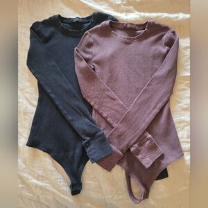 Nuuds Women's Long Sleeve Waffle Bodysuits, Black And Coffee, Size XS
